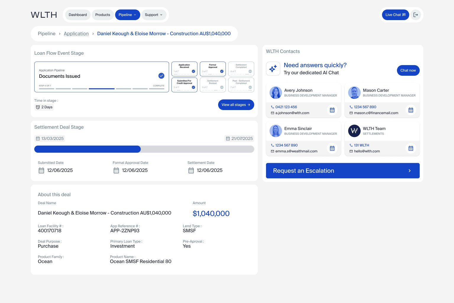 Application detail — loan flow stage, settlement timeline, deal summary, and WLTH contacts