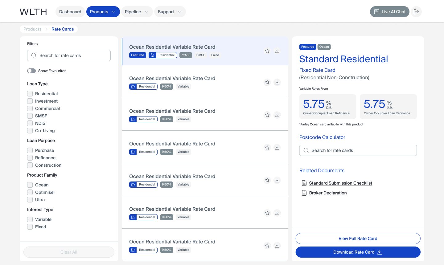 Rate Cards — filterable by loan type, purpose, and product family with selected card detail