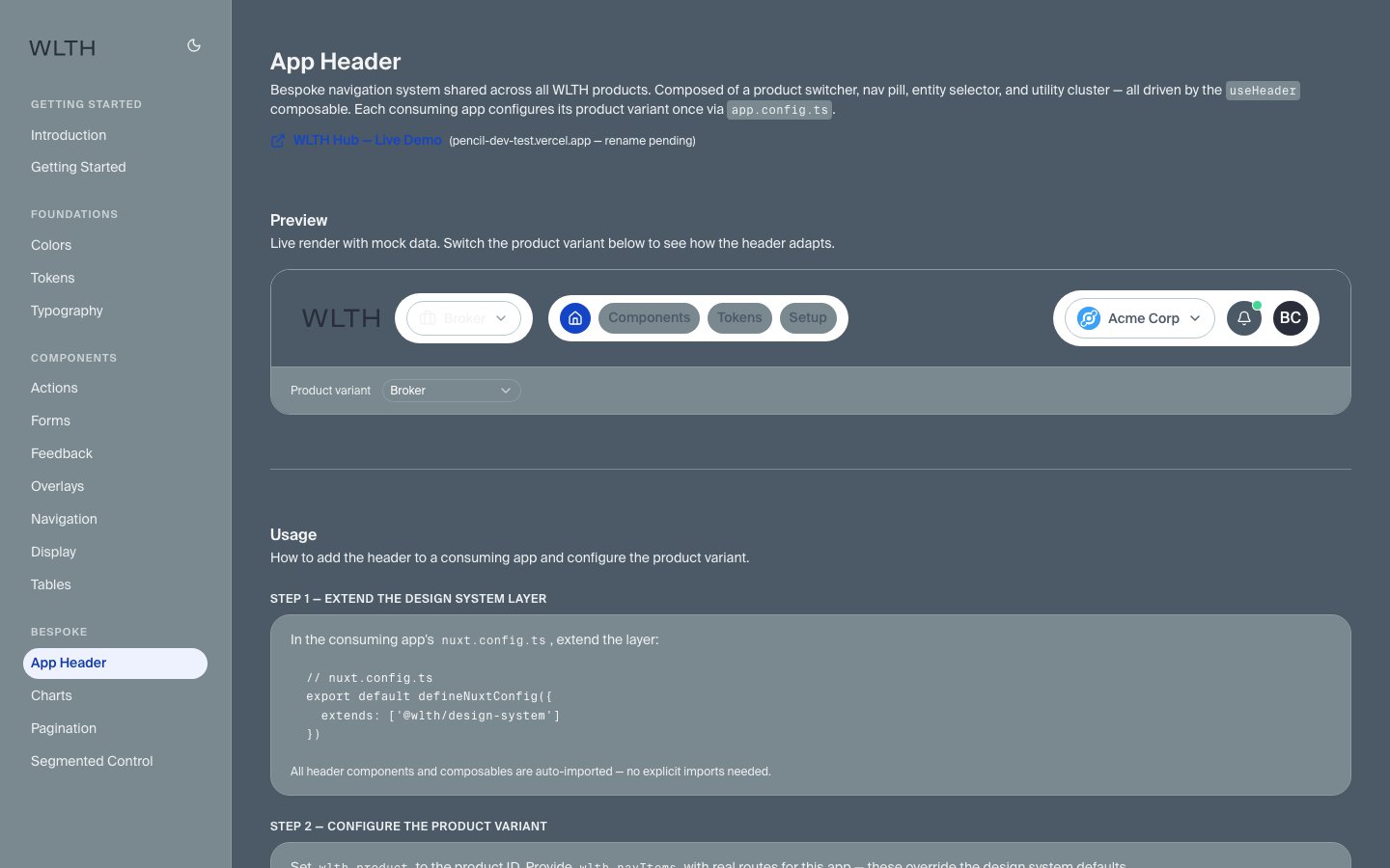 Shared navigation — product switcher, entity selector, utility cluster