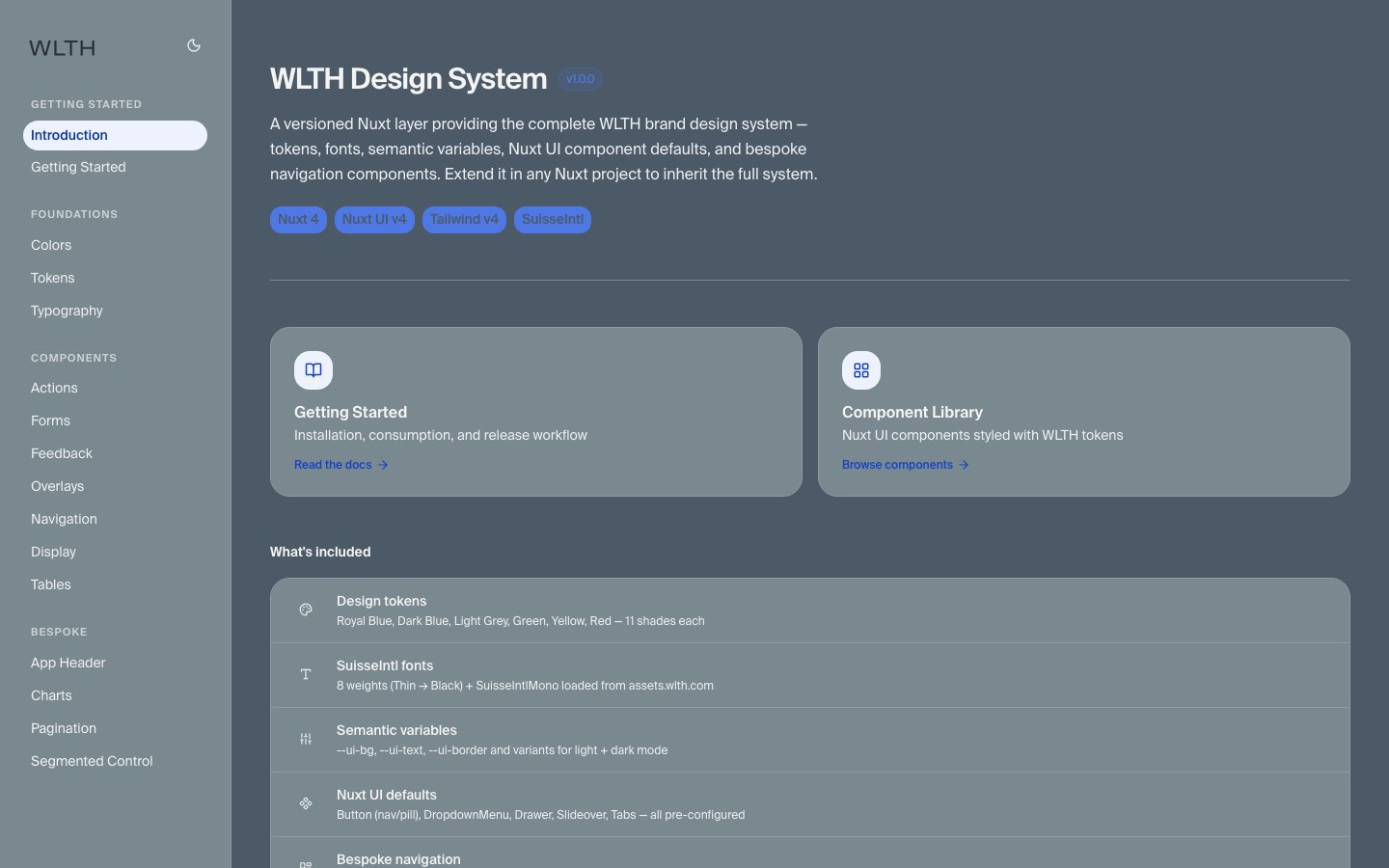 WLTH Design System — versioned Nuxt layer overview