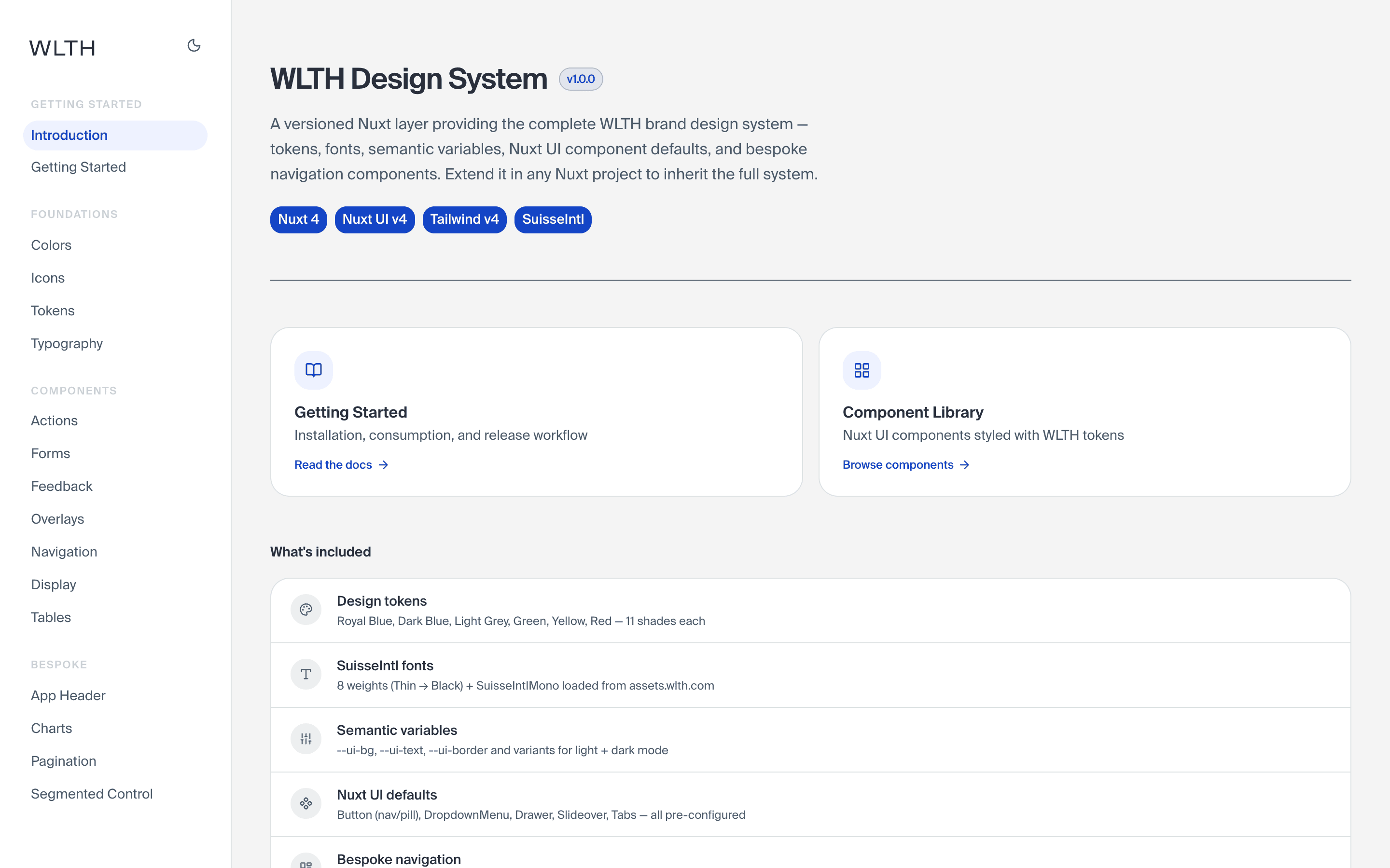 WLTH design system home: foundations, components, and the versioned Nuxt layer, with tech-stack badges.